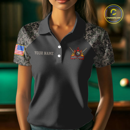 Personalized Retro Camo US Flag Billiard Shirt For Women, 8 Ball Pool Team Jersey Polo & 1/4 Zip TDM6336