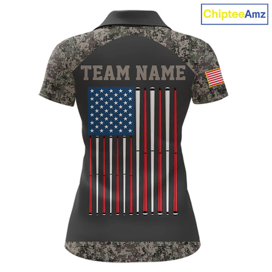 Personalized Retro Camo US Flag Billiard Shirt For Women, 8 Ball Pool Team Jersey Polo & 1/4 Zip TDM6336