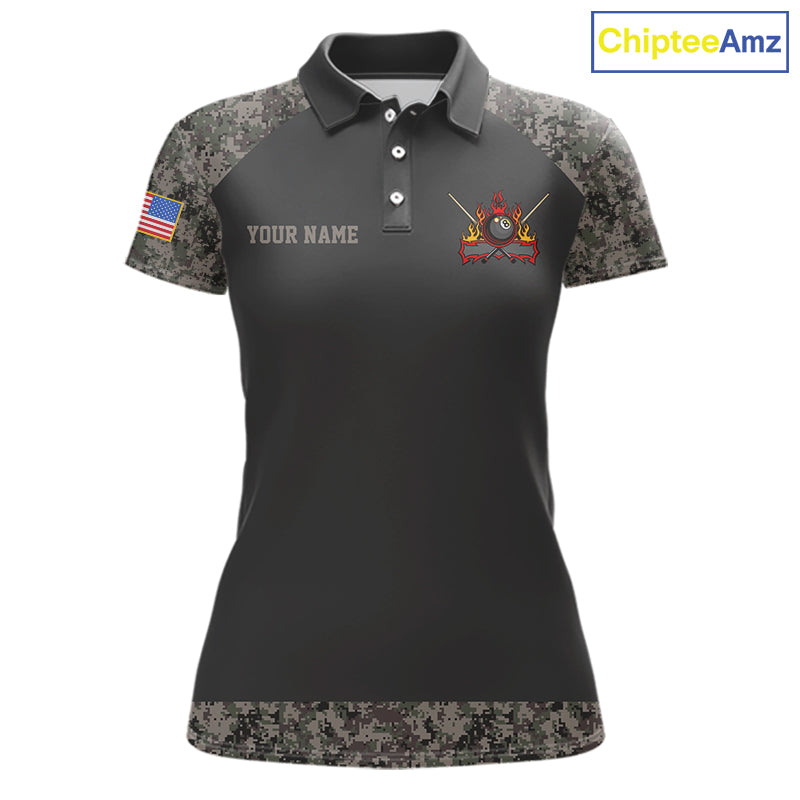 Personalized Retro Camo US Flag Billiard Shirt For Women, 8 Ball Pool Team Jersey Polo & 1/4 Zip TDM6336
