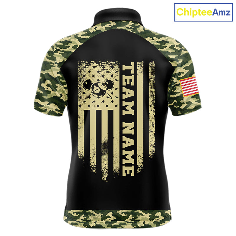 Personalized Green Camo US Flag Billiard Shirt For Men Custom Pool Team Jersey Polo & 1/4 Zip TDM6337