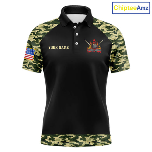 Personalized Green Camo US Flag Billiard Shirt For Men Custom Pool Team Jersey Polo & 1/4 Zip TDM6337