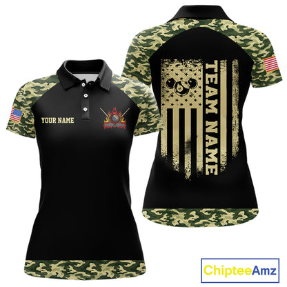 Personalized Green Camo US Flag Billiard Shirt For Women Custom Pool Team Jersey Polo & 1/4 Zip TDM6337