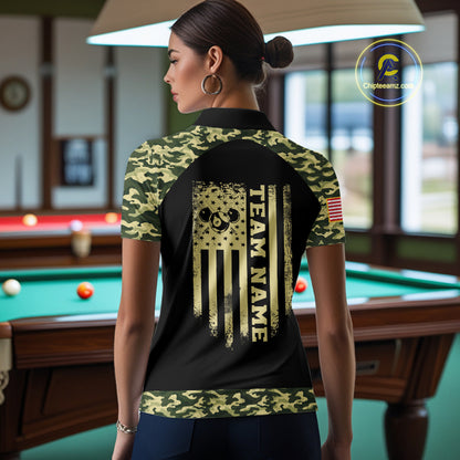 Personalized Green Camo US Flag Billiard Shirt For Women Custom Pool Team Jersey Polo & 1/4 Zip TDM6337