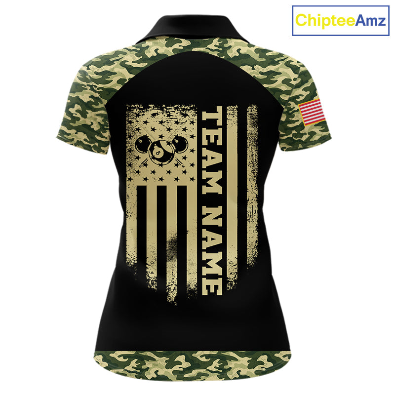Personalized Green Camo US Flag Billiard Shirt For Women Custom Pool Team Jersey Polo & 1/4 Zip TDM6337