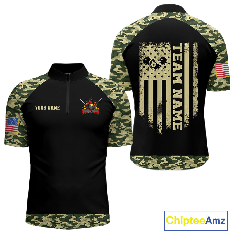 Personalized Green Camo US Flag Billiard Shirt For Men Custom Pool Team Jersey Polo & 1/4 Zip TDM6337