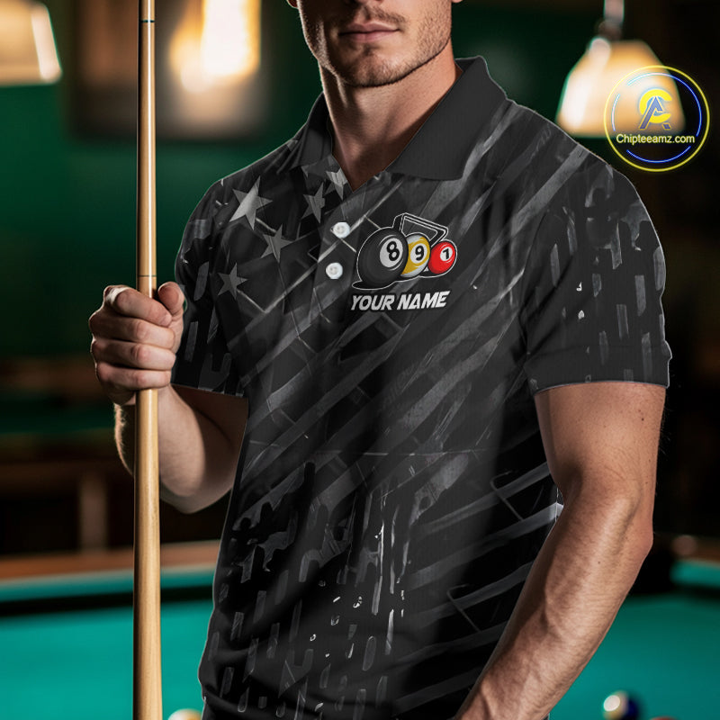 Black US Flag 9 Ball Pool Wings Billiard Shirt For Men Custom Billiard Team Jersey Polo & 1/4 Zip TDM6340