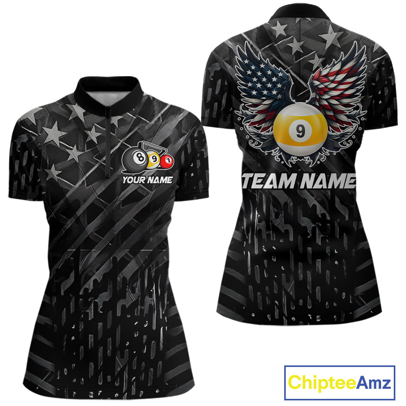 Black US Flag 9 Ball Pool Wings Billiard Shirt For Women Custom Billiard Team Jersey Polo & 1/4 Zip TDM6340