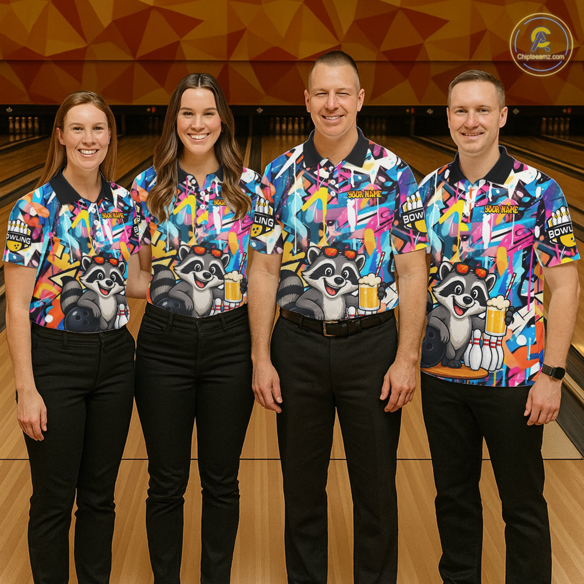 Funny Raccoon Colorful Graffiti Bowling Shirts For Men, Best Bowling Team Jersey Polo & 1/4 Zip TDM6512