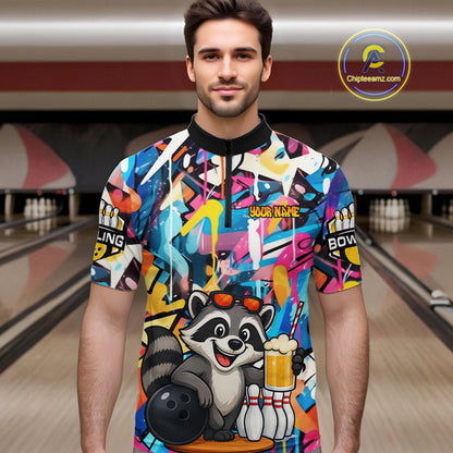 Funny Raccoon Colorful Graffiti Bowling Shirts For Men, Best Bowling Team Jersey Polo & 1/4 Zip TDM6512