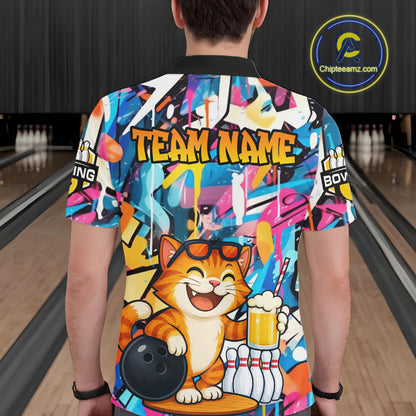 Funny Cat Colorful Graffiti Bowling Shirts For Men, Best Bowling Team Jersey Polo & 1/4 Zip TDM6513