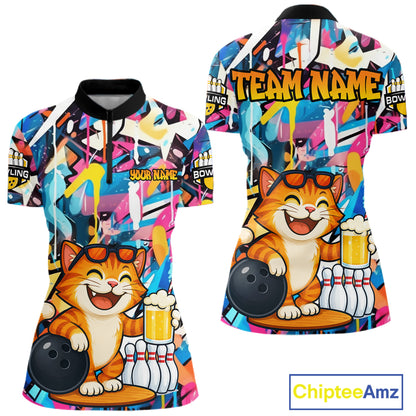 Funny Cat Colorful Graffiti Bowling Shirts For Women, Best Bowling Team Jersey Polo & 1/4 Zip TDM6513