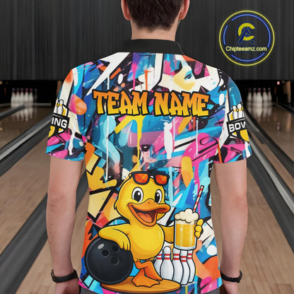 Funny Duck Colorful Graffiti Bowling Shirts For Men, Best Bowling Team Jersey Polo & 1/4 Zip TDM6514
