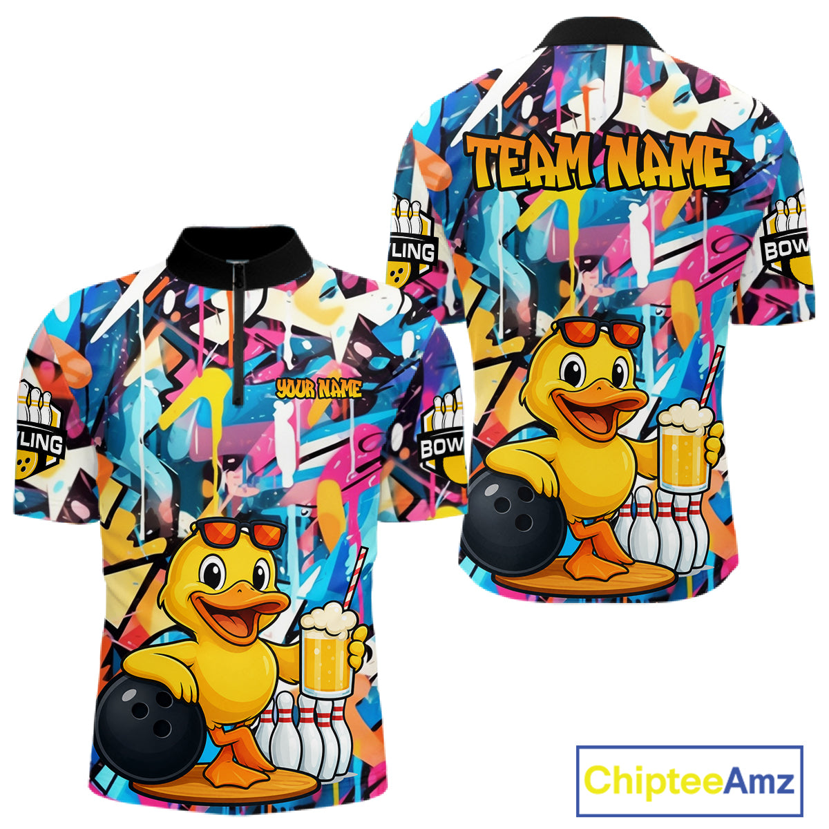 Funny Duck Colorful Graffiti Bowling Shirts For Men, Best Bowling Team Jersey Polo & 1/4 Zip TDM6514