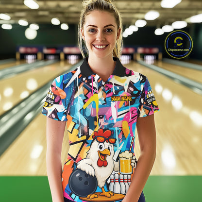 Funny Chicken Colorful Graffiti Bowling Shirts For Women, Best Bowling Team Jersey Polo & 1/4 Zip TDM6515