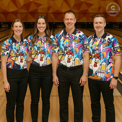 Funny Chicken Colorful Graffiti Bowling Shirts For Men, Best Bowling Team Jersey Polo & 1/4 Zip TDM6515