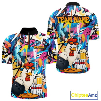 Funny Chicken Colorful Graffiti Bowling Shirts For Men, Best Bowling Team Jersey Polo & 1/4 Zip TDM6515