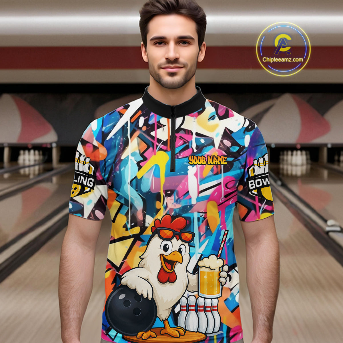 Funny Chicken Colorful Graffiti Bowling Shirts For Men, Best Bowling Team Jersey Polo & 1/4 Zip TDM6515