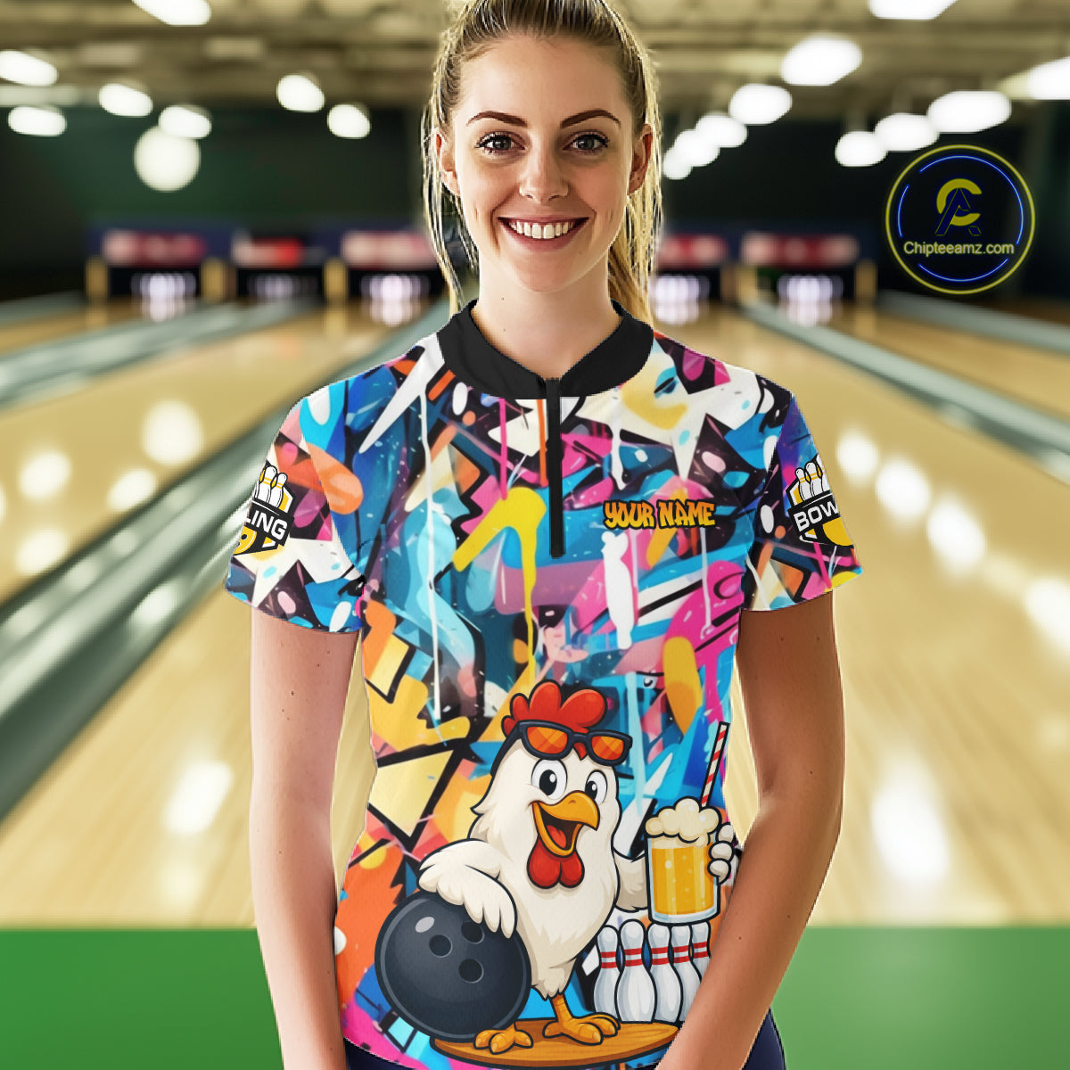 Funny Chicken Colorful Graffiti Bowling Shirts For Women, Best Bowling Team Jersey Polo & 1/4 Zip TDM6515