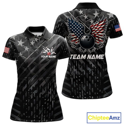 Black American flag wings bowling polo shirt for women with patriotic team graphics.