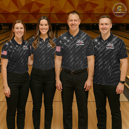 Bowling team wearing matching black American flag wings bowling jerseys during league competition front view.