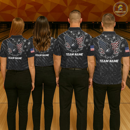 Back view of bowling team wearing matching patriotic bowling shirts in a bowling alley.
