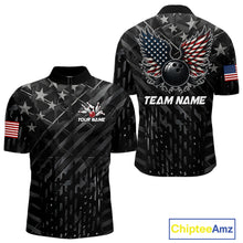 Load image into Gallery viewer, Black American flag wings bowling quarter zip shirt for men built for league play and tournaments.