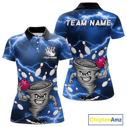 Blue thunder lightning tornado bowling polo shirt for women with custom bowling team graphics.
