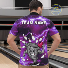 Load image into Gallery viewer, Back view of man wearing a purple thunder lightning tornado bowling quarter zip shirt in a bowling alley.