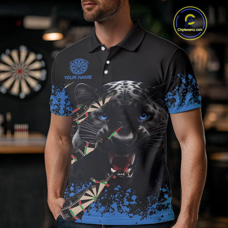 Black And Blue Grunge Panther Darts Shirt Polo & Quarter Zip For Men Custom Darts Team Jersey TDM4582