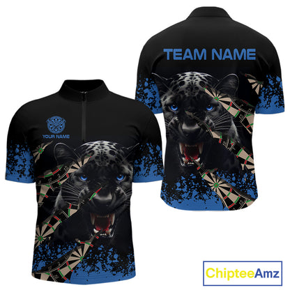 Black And Blue Grunge Panther Darts Shirt Polo & Quarter Zip For Men Custom Darts Team Jersey TDM4582