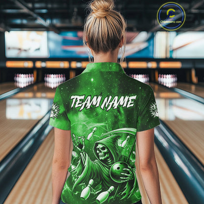 Funny Green Grim Reaper Galaxy Bowling Shirt For Women Custom Bowling Team Jersey Polo & 1/4 Zip TDM7247