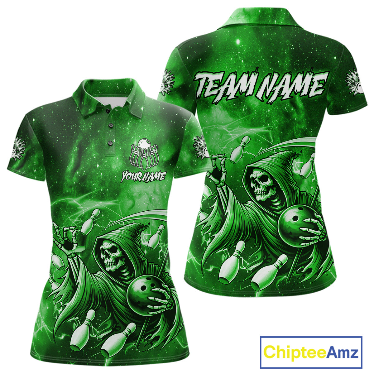 Funny Green Grim Reaper Galaxy Bowling Shirt For Women Custom Bowling Team Jersey Polo & 1/4 Zip TDM7247