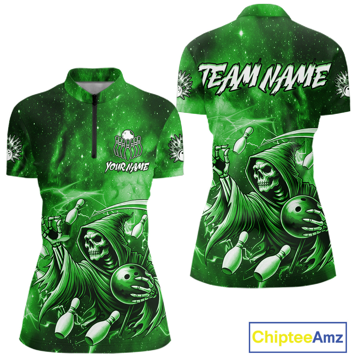Funny Green Grim Reaper Galaxy Bowling Shirt For Women Custom Bowling Team Jersey Polo & 1/4 Zip TDM7247