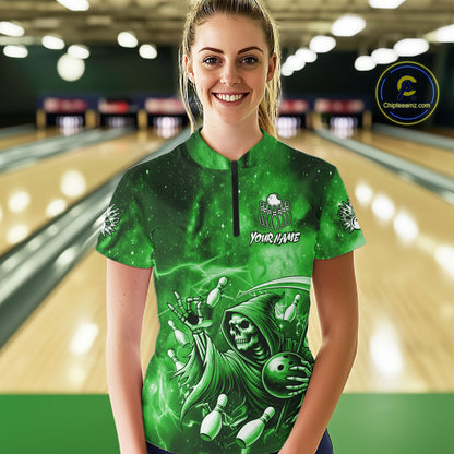 Funny Green Grim Reaper Galaxy Bowling Shirt For Women Custom Bowling Team Jersey Polo & 1/4 Zip TDM7247