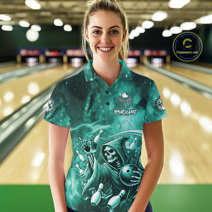 Funny Teal Grim Reaper Galaxy Bowling Shirt For Women Custom Bowling Team Jersey Polo & 1/4 Zip TDM7248