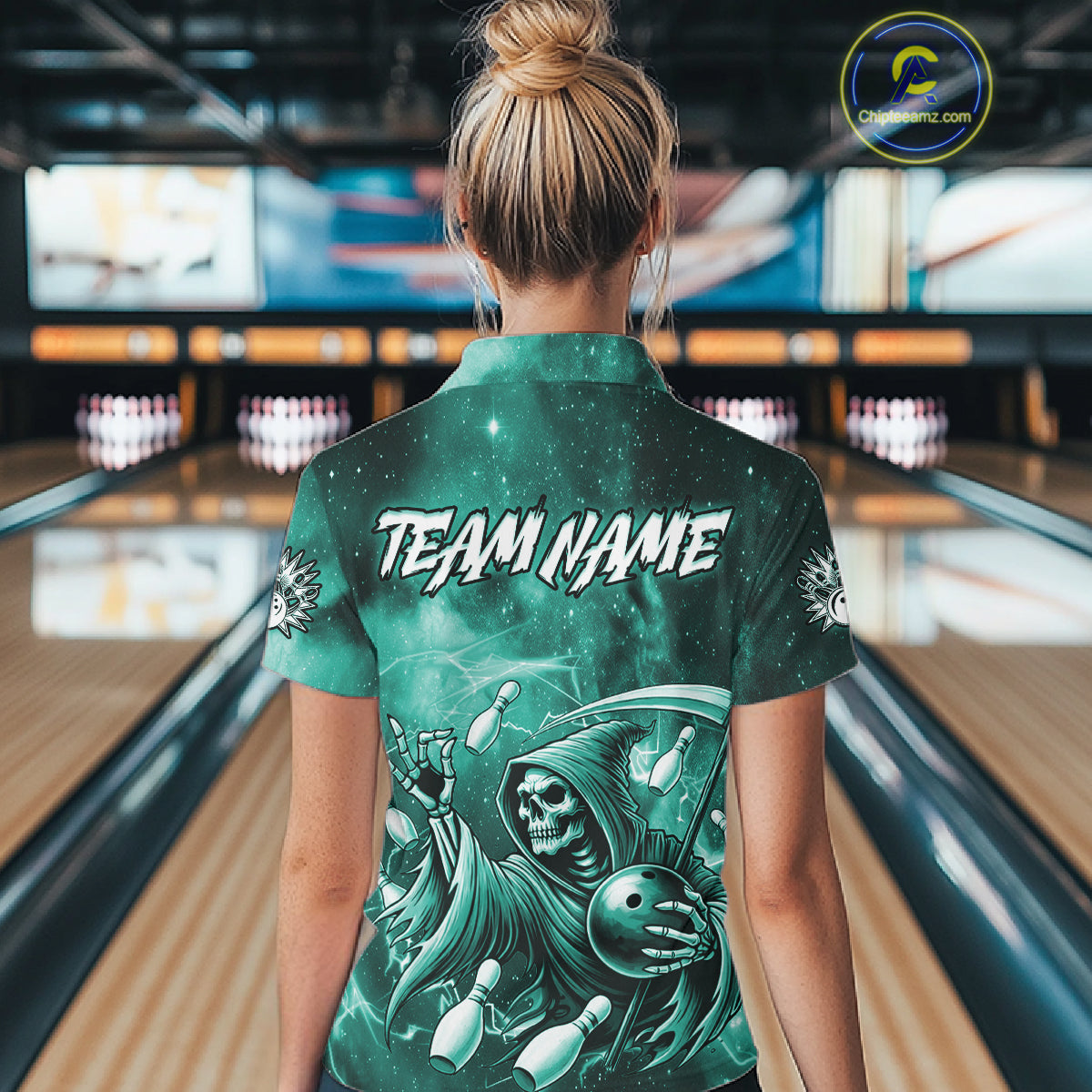 Funny Teal Grim Reaper Galaxy Bowling Shirt For Women Custom Bowling Team Jersey Polo & 1/4 Zip TDM7248