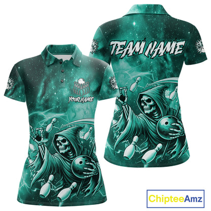 Funny Teal Grim Reaper Galaxy Bowling Shirt For Women Custom Bowling Team Jersey Polo & 1/4 Zip TDM7248