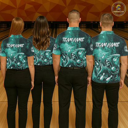 Funny Teal Grim Reaper Galaxy Bowling Shirt For Women Custom Bowling Team Jersey Polo & 1/4 Zip TDM7248