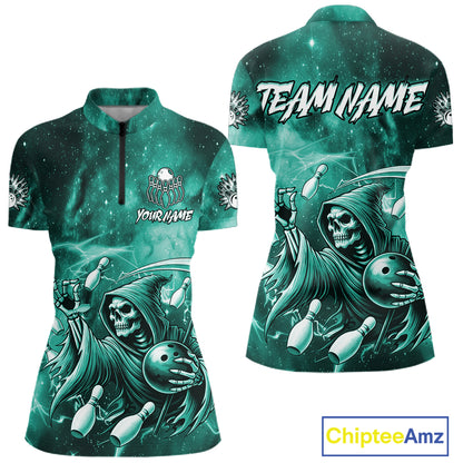 Funny Teal Grim Reaper Galaxy Bowling Shirt For Women Custom Bowling Team Jersey Polo & 1/4 Zip TDM7248