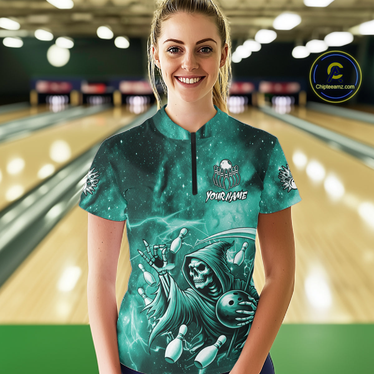 Funny Teal Grim Reaper Galaxy Bowling Shirt For Women Custom Bowling Team Jersey Polo & 1/4 Zip TDM7248
