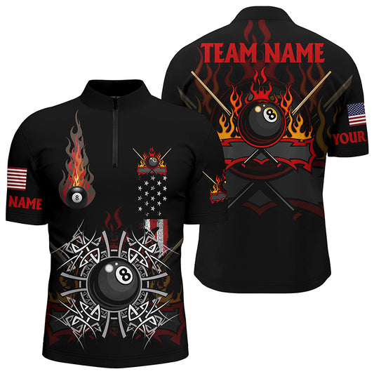 Personalized Billiard Fire American Flag Men Quarter-Zip Shirts, Unique Pool Player Shirts TDM0572
