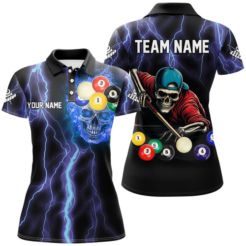 Personalized Thunder Lightning Blue Skull Women Billiard Shirts, Skeleton Billiard Balls Pool Jerseys TDM2993