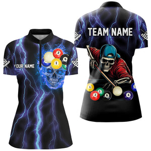 Personalized Thunder Lightning Blue Skull Women Billiard Shirts, Skeleton Billiard Balls Pool Jerseys TDM2993