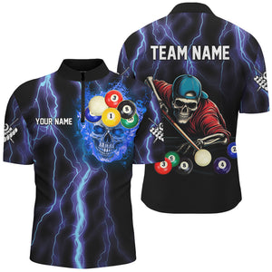 Personalized Thunder Lightning Blue Skull Men Billiard Shirts, Skeleton Billiard Balls Pool Jerseys TDM2993