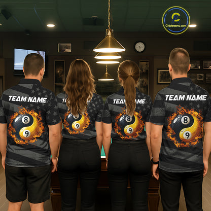 Black US Flag Yin-Yang 8 Ball & 9 Ball Custom Billiard Shirts For Women, Billiard Team Jersey TDM5460