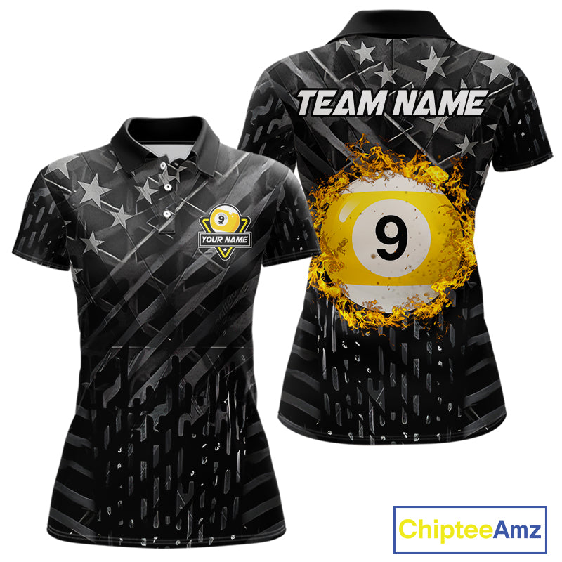 Black US Flag 9 Ball Fire Billiard Shirt For Women Custom Pool Team Billiard Jersey Polo & 1/4 Zip TDM5461