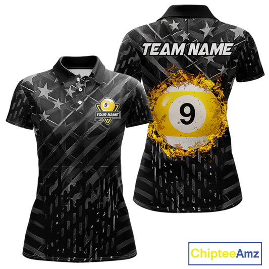 Black US Flag 9 Ball Fire Billiard Shirt For Women Custom Pool Team Billiard Jersey Polo & 1/4 Zip TDM5461