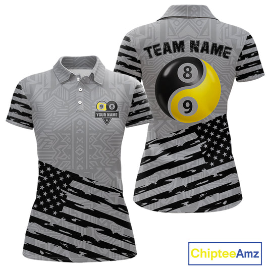 Grey US Flag Yin-Yang 8 & 9 Ball Billiard Shirt For Women Custom Pool Team Jersey Polo & 1/4 Zip TDM5463