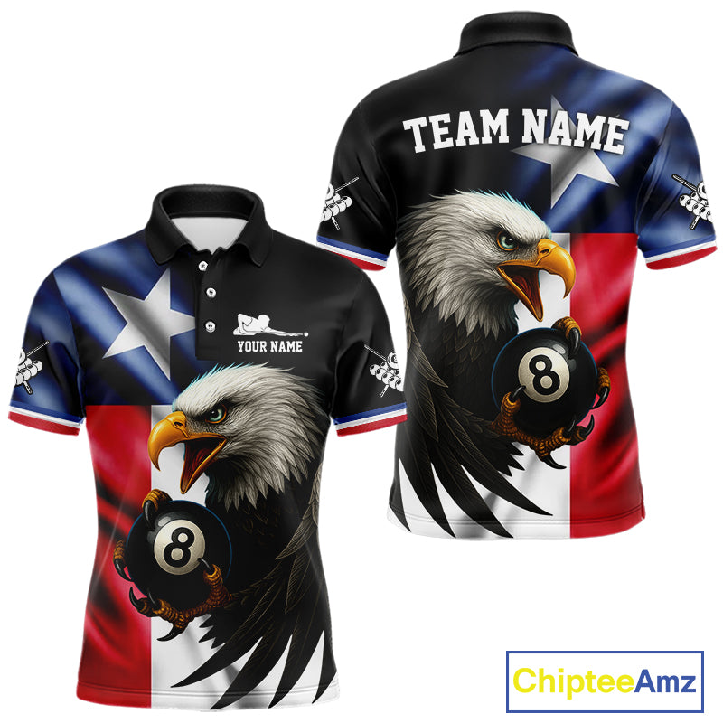 Texas Flag Eagle 8 Ball Men's Billiard Polo & 1/4 Zip Custom Patriotic Team Billiard Pool Jersey TDM5464