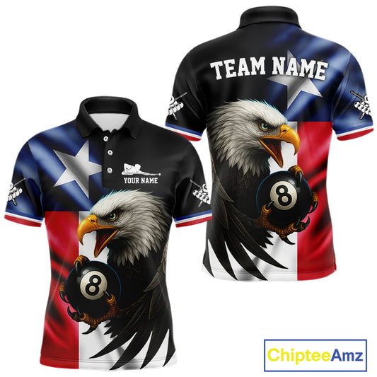 Texas Flag Eagle 8 Ball Men's Billiard Polo & 1/4 Zip Custom Patriotic Team Billiard Pool Jersey TDM5464